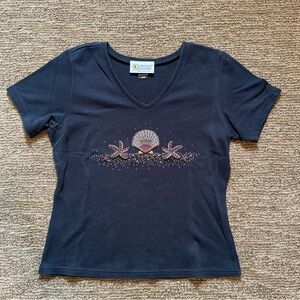 Christine Alexander Black Sea Shell Embellished T-Shirt